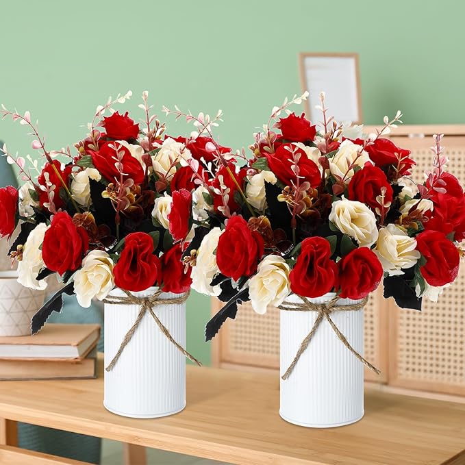 Domensi 12 Sets Wedding Centerpiece for Table Artificial Rose with Vase Fake Bouquets and Metal Pot Floral Arrangements for Holiday Party Event Table Decor (Red,Champagne)