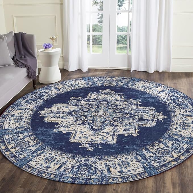 vivorug Round Rug 4ft Vintage Round Area Rug Non-Slip Indoor Carpet for Living Room Bedroom Entryway, Stain Resistant Home Decor Circle Rug, Navy Blue