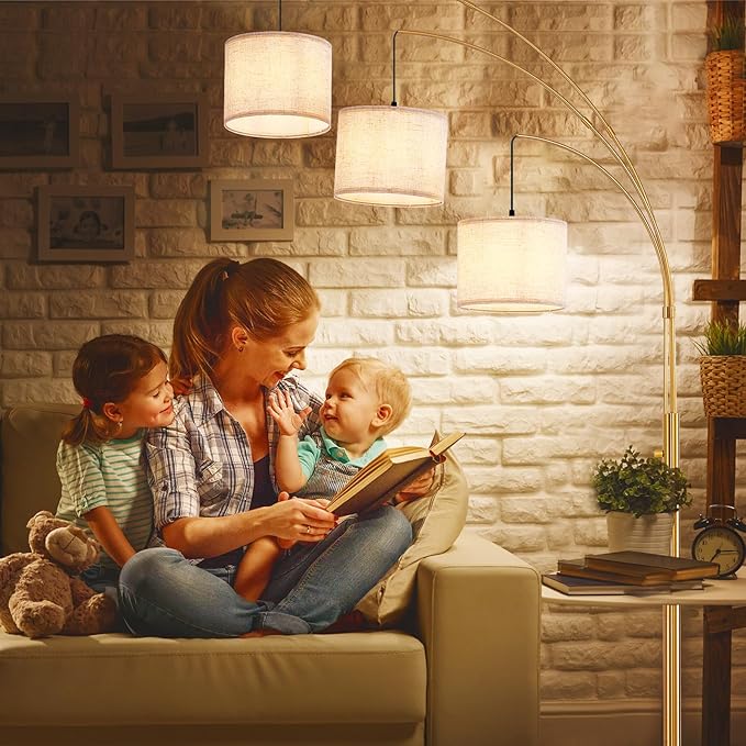 DLLT Modern Floor Lamp for Room: 3-Light Gold Tree Dimmable Floor Lamps with Beige Shades for Living Room - Arc Standing Lamp for Bedroom - Tall Floor Lamp for Office Corner 3 LED Bulbs Included