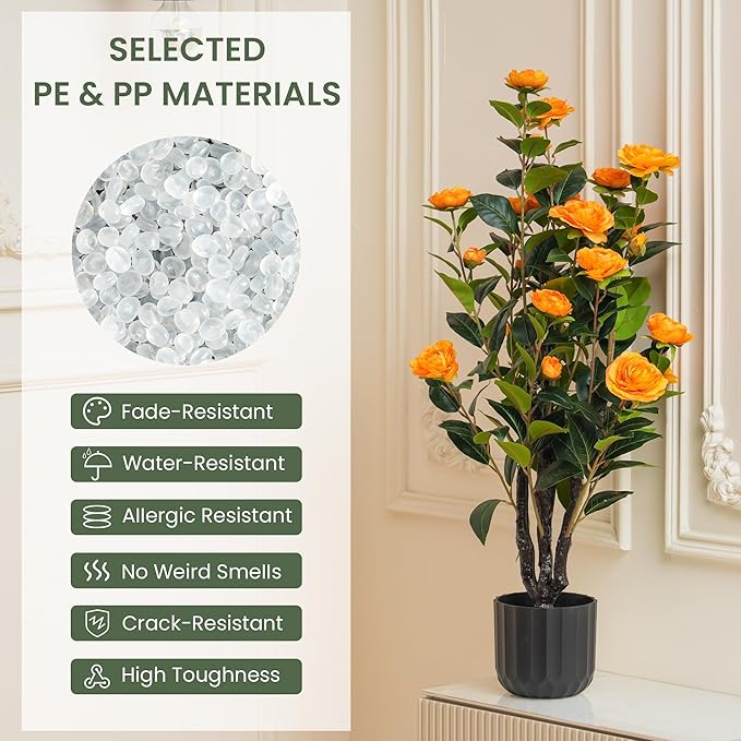 3.2FT Artificial Camellia Trees, Orange Silk Flowers, Indoor Faux Plants with Realistic Trunk in Black Cement Pot for Home House Living Room Bedroom Office Decor, 2pcs