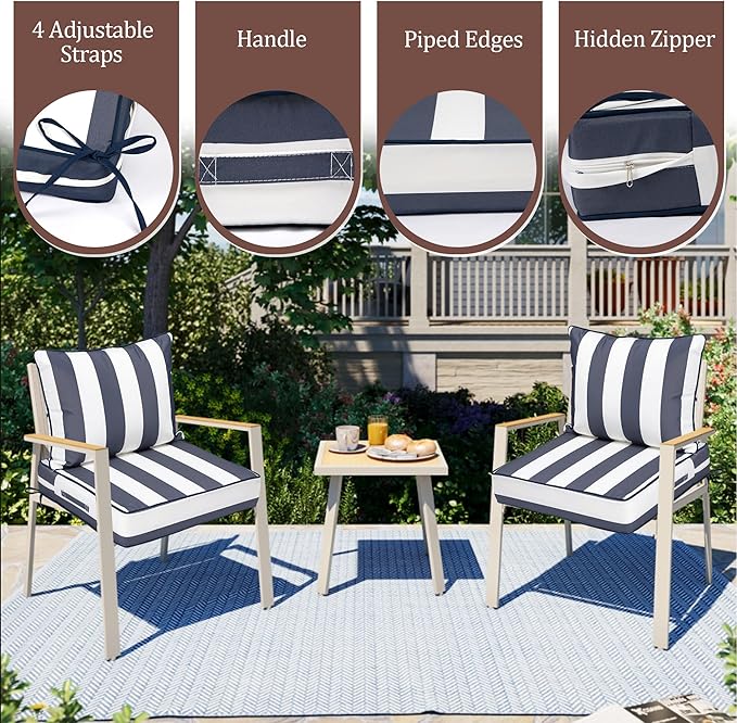 Waterproof Outdoor Chair Cushion Set of 2, 24x24x5 IN Deep Seat Patio Cushions with Fade Resistant Removable Cover,Outdoor Cushions for Patio Furniture with Ties&Handle for Chair Sofa Couch,BlueStripe