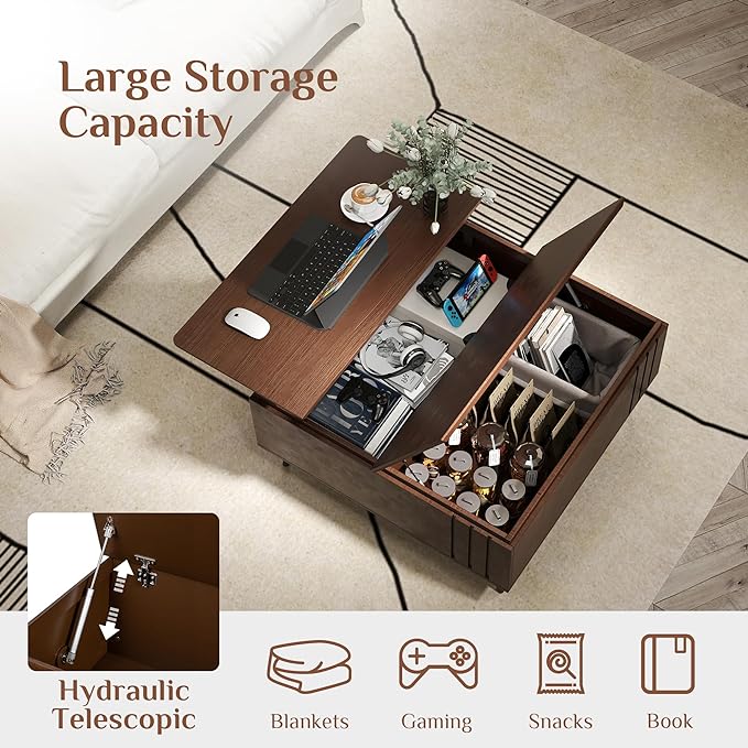 Lift Top Coffee Table, Mid Century Modern Center Table with Large Hidden Storage Compartment, 36" Square Coffee Tables for Living Room, Home Office, Dark Walnut