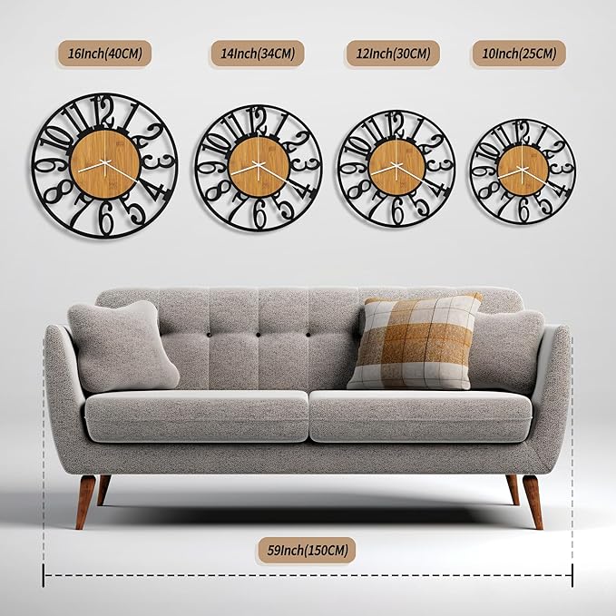 Maxstar Wall Clock Battery Operated,Silent Non-Ticking Modern Rustic Metal Round Clocks Small for Living Room/Bedroom/Office/Kitchen/Farmhouse Home Decor-16 Inch(Yellow-Wood)