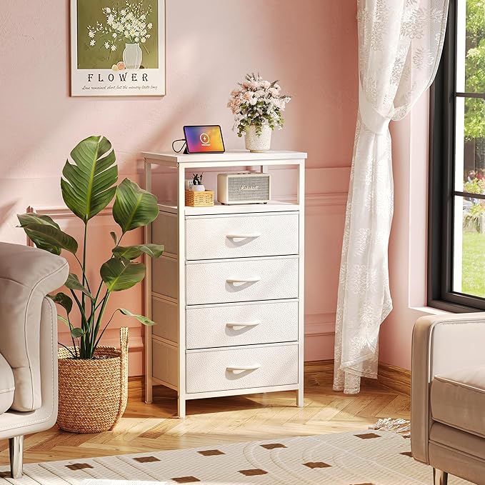 Huuger Night Stand with Charging Station, Multiple Drawer Dresser for Bedroom, Bedside Table, Tall Nightstand with PU Leather Finish, Open Shelf, End Table, for Closet, Entryway, Bedroom, White