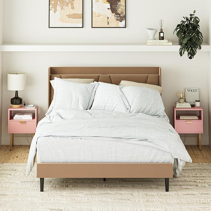Nightstand,Morden Bedside Table with Gold Frame,Small White Night Stand,End Table,Bedside Furniture,Side Table with Drawer and Shelf for Bedroom,Living Room (1Drawer, Pink-Outlet)