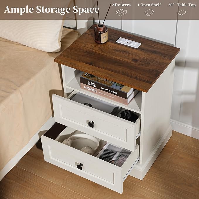 Night Stand Set 2 with Charging Station, Bedside Table with 2 Drawers Storage and Open Shelf, Wood Farmhouse Nightstands with Outlets for Bedroom Office, White