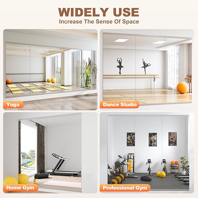 Hasipu Home Gym Mirror 95" L x 39" W - 1PC Large Full Body Mirror for Yoga, Wall-Mounted Mirrors for Fitness, Garage, Dance Studio, 0.16in Tempered Glass Frameless