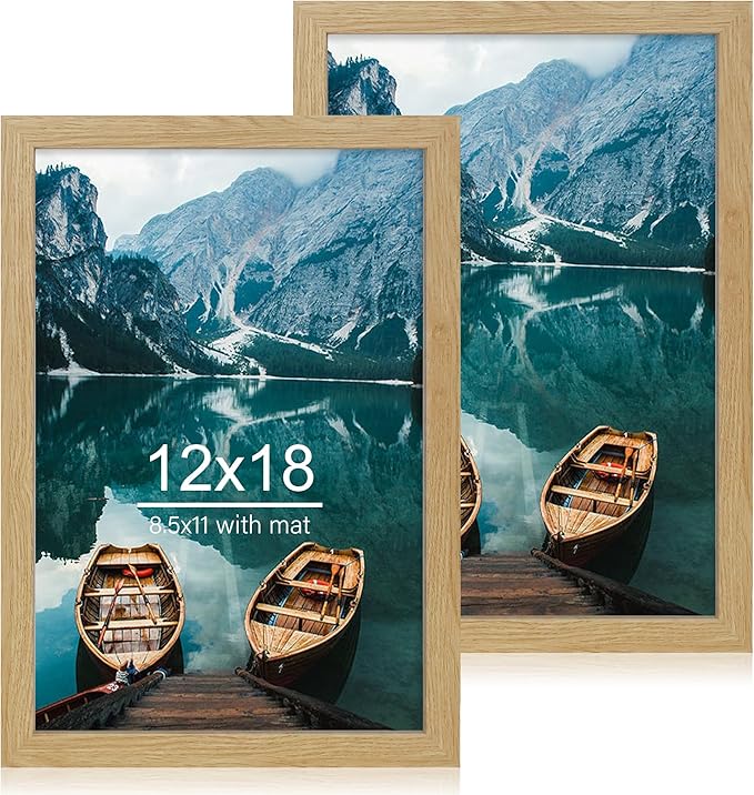 12x18 Frame Set of 2, Natural Oak Wood Style, Display 12 x 18 Poster without Mat or 8.5x11 Picture with Mat, Wall Mounting Horizontal and Vertical