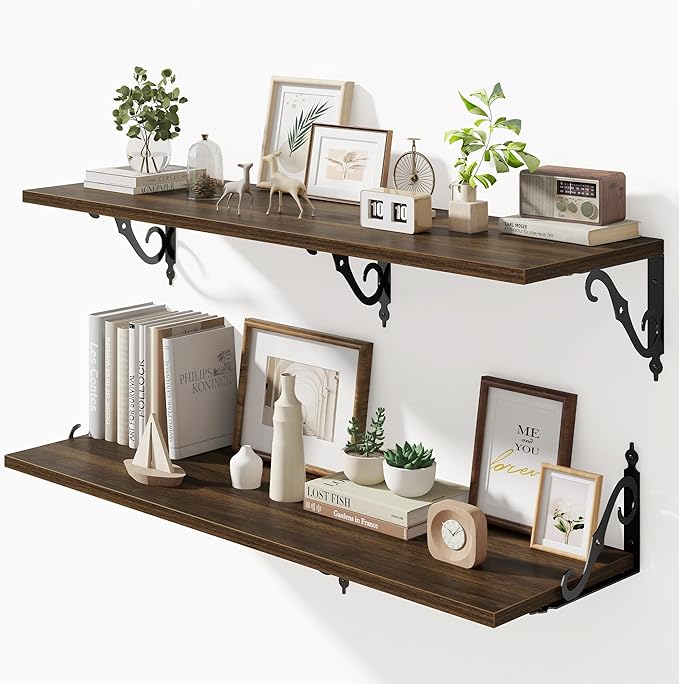 40 Inch Floating Shelves Wall Mounted, 12 Inch Deep Wall Shelves with Bracket, Rustic Hanging Bookshelf, 40" Bookshelves for for Living Room, Kitchen and Bedroom, Walnut, Set of 2