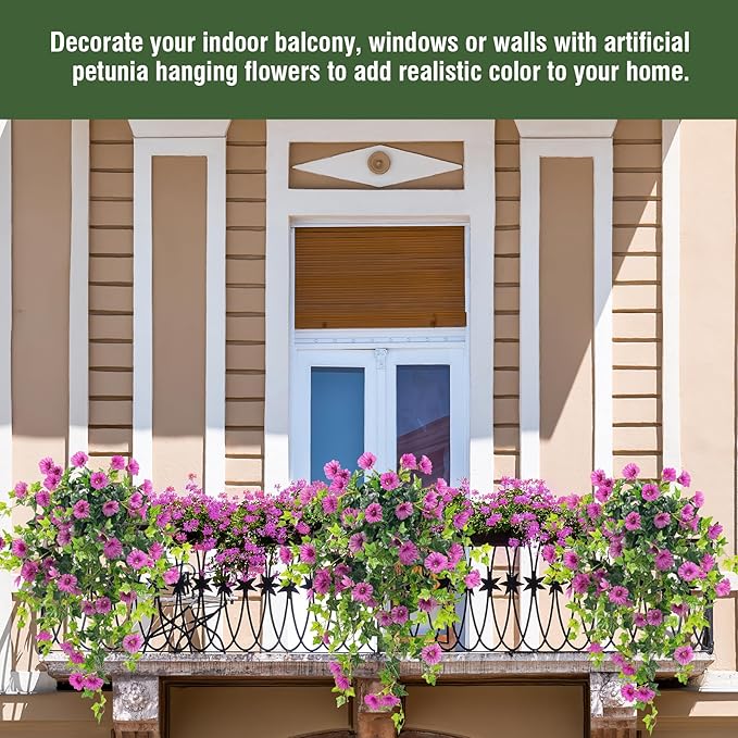 Artificial Petunias Hanging Flowers for Outdoors Uv Resistant Fake Petunias Plants Hanging Flower Patio Decor Outside Basket Realistic Silk Petunias Plant (with Pot Purple 2 PCS)