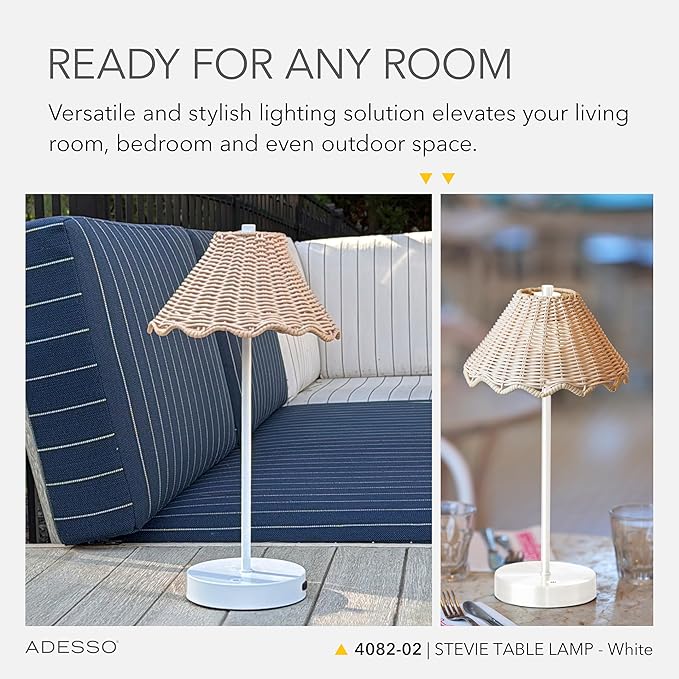 Adesso Cordless Table Lamp with 3-Level Touch Dimmer & Built-in Rechargeable Battery – 15" Tall Touch Lamp, White Finish