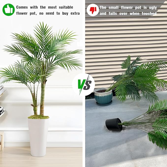 Artificial Palm Tree 5FT - Vitalismo Fake Plants with White Tall Planter, Faux Tropical Golden Cane Palm Tree with Two Trunks and 18 Realistic Palm Leaves, Indoor Floor Plants for Home Office Decor