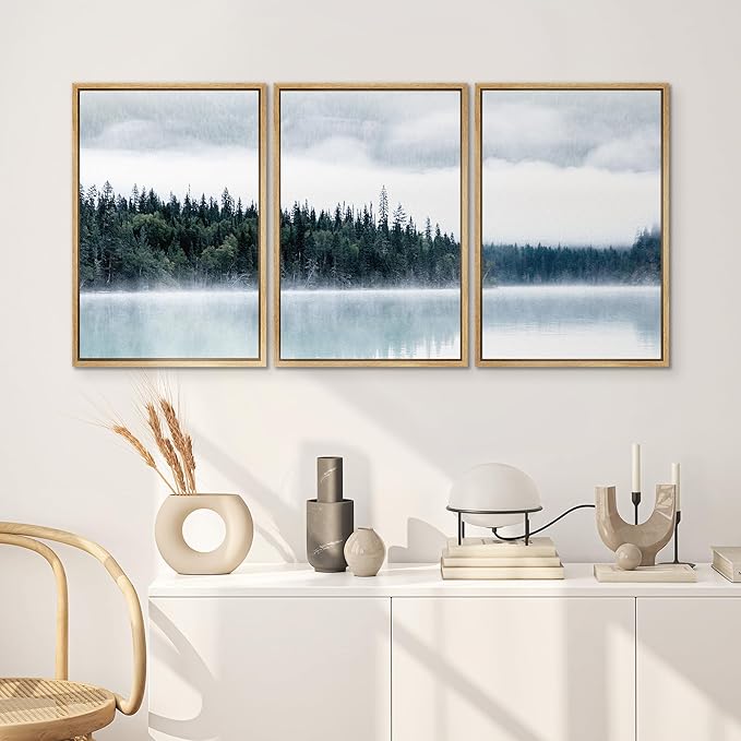 SIGNWIN Framed Canvas Print Wall Art Set Film Grain Cinematic Mountain Forest Lake Nature Wilderness Photography Modern Art Landscape Relax/Calm for Living Room, Bedroom, Office - 24"x36"x3 Natural