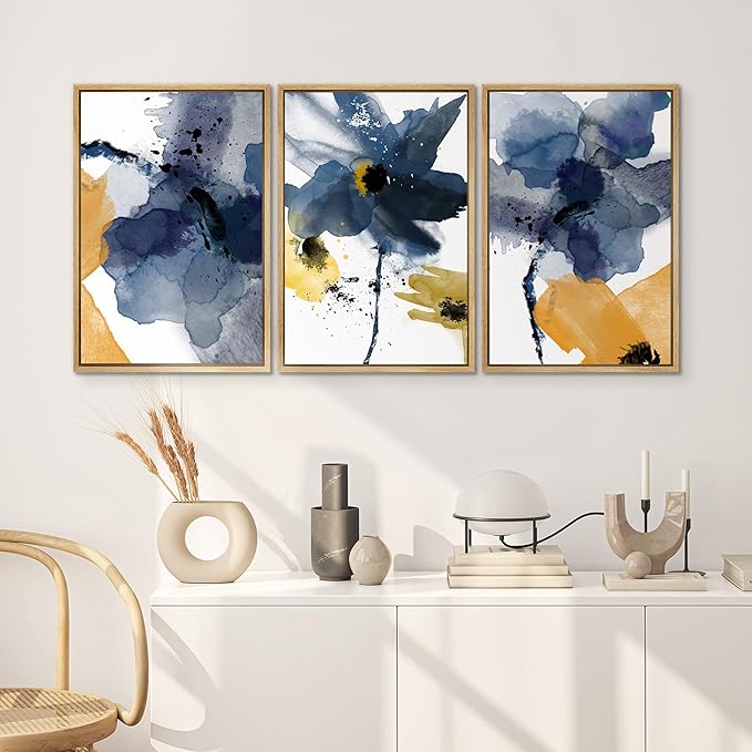 SIGNWIN Framed Canvas Wall Art Blue and Orange Blossoms Botanical Flower Watercolor Modern Art Tropical Relax/Calm for Living Room, Bedroom, Office - 24"x36"x3 Natural