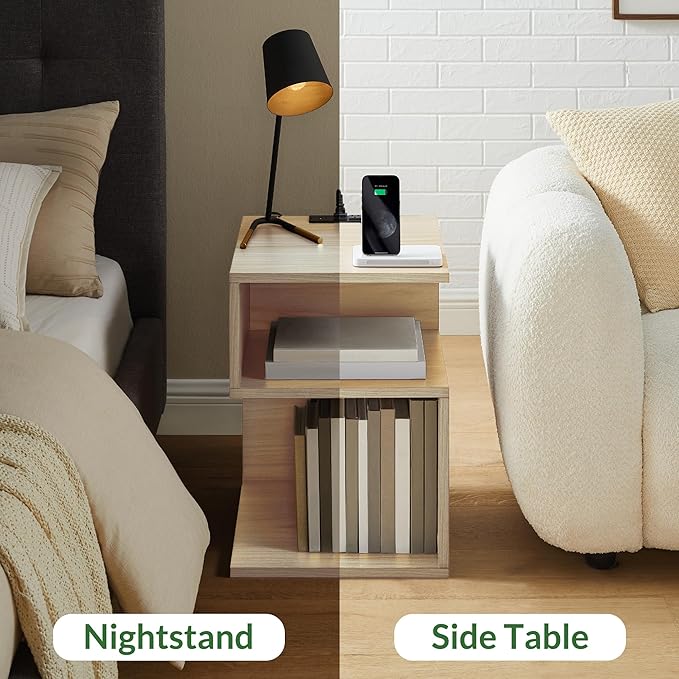 Tokyo S Minimalist 3 Tier End Table with Fast Charging Station - USB C Cable Wood Nightstand for Small Spaces with Open Storage Bedside Table for Bedroom (Natural w/Charging)