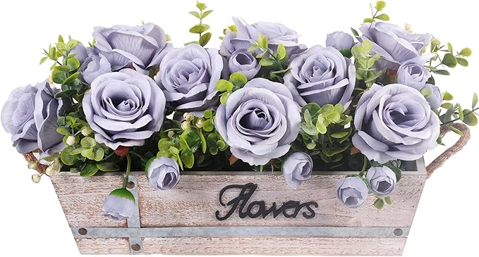 Centerpiece Table Decorations Rustic Wood Tray with 3 Artificial Dusty Blue Rose Flowers and Fake Eucalyptus for Dining Room Farmhouse Living Room Kitchen and Coffee Table Décor