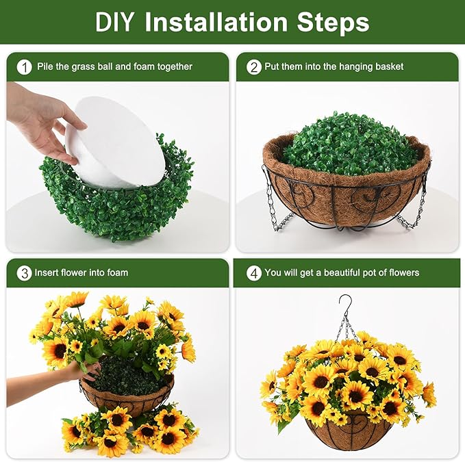 Homsunny Artificial Sunflowers Fake Hanging Flowers Plants Baskets for Outdoor Fall Decoration, Faux Silk Flowers Look Real UV Resistant for Porch Patio Garden Autumn Home Decor