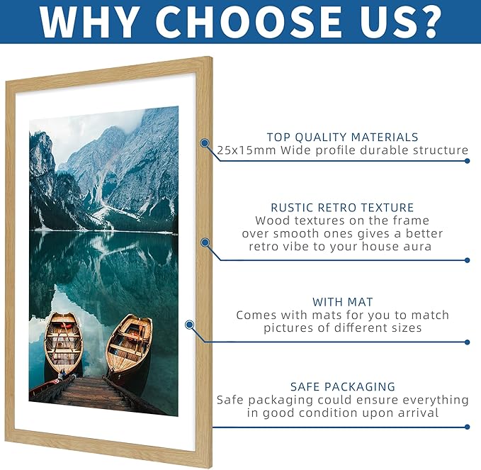 24x36 Poster Frame Set of 2, Natural Oak Wood Style - Display 20x30 Picture with Mat or 24 x 36 Poster without Mat, Wall Mounting Horizontal and Vertical