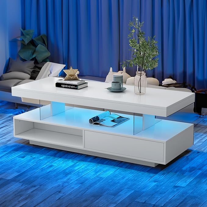 LED Coffee Table with Storage, High Glossy LED Coffee Tables for Living Room, Center Table with Open Display Shelf & Sliding Drawers, (White)