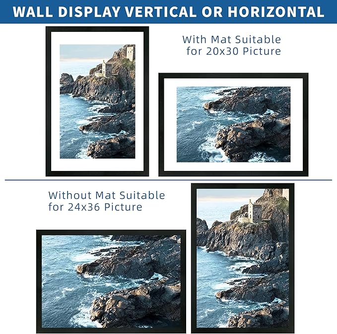 24x36 Poster Frame Set of 2, Rustic Black Wood Style - Display 24 x 36 Poster without Mat or 20x30 Picture with Mat, Wall Mounting Horizontal and Vertical