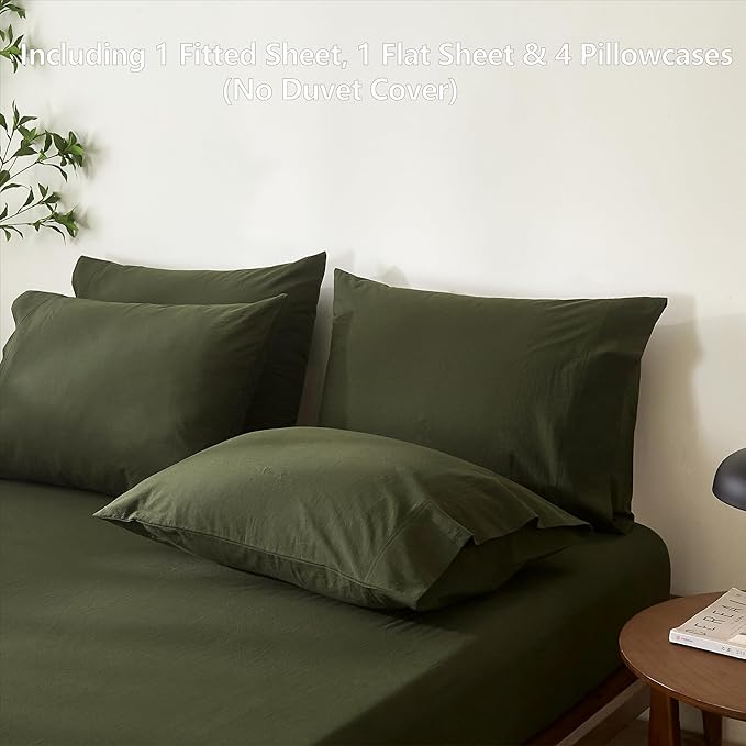 100% Cotton 6-Piece King Size 108" x 102" Bedding Set - Fitted Sheet, Flat Sheet & 4 Pillowcases with 17" Deep Pocket,Soft Breathable Bed Sheets for Cozy Sleep,Olive Green