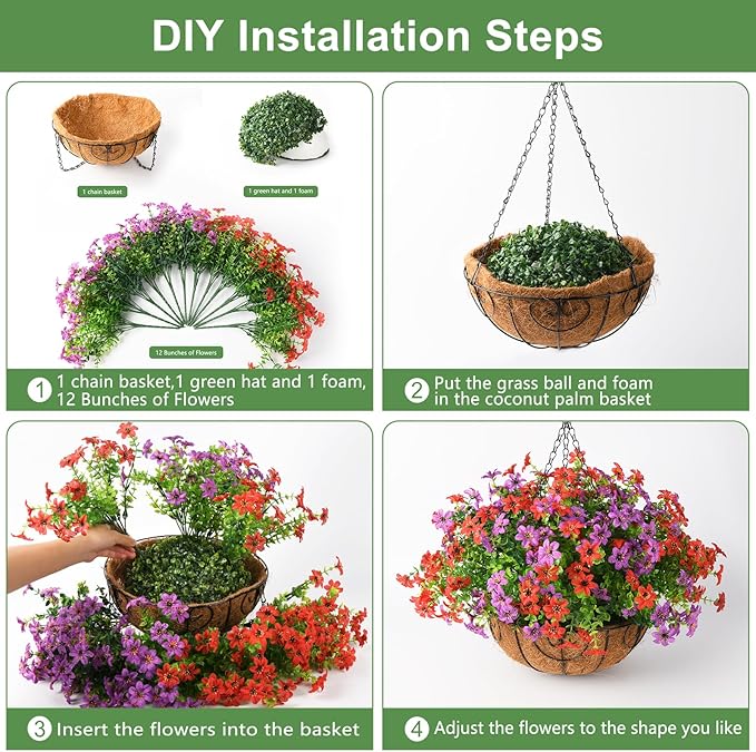 INQCMY Artificial Hanging Flowers Plants Basket for Outdoor Spring Summer Decoration,Fake Silk Colorful Daisy in Planter UV Resistant Realistic for Outside Home Porch Patio Yard Balcony Decor