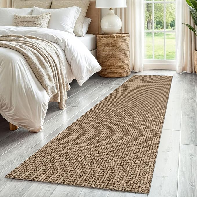 IOHOUZE Washable Runner Rug 2'x8' Rubber Backing Hallway Runner Entryway Runner Indoor, Kitchen Rugs Woven Cotton Floor Carpet for Kitchen Hall Entrance Bedroom, Tan/Brown