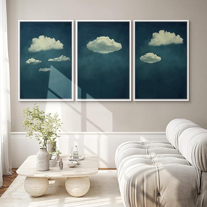 SIGNWIN 3 Piece Framed Canvas Wall Art A Series of White Clouds in The Blue Sky Nature Wilderness Illustrations Abstract Traditional Home Artwork Decoration for Living Room,Bedroom - 16"x24"x3 White