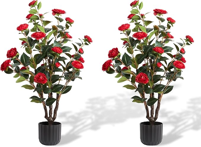 3.2FT Artificial Camellia Trees, Red Silk Flowers, Indoor Faux Plants with Realistic Trunk in Black Cement Pots for Home House Living Room Bedroom Office Decor, 2pcs
