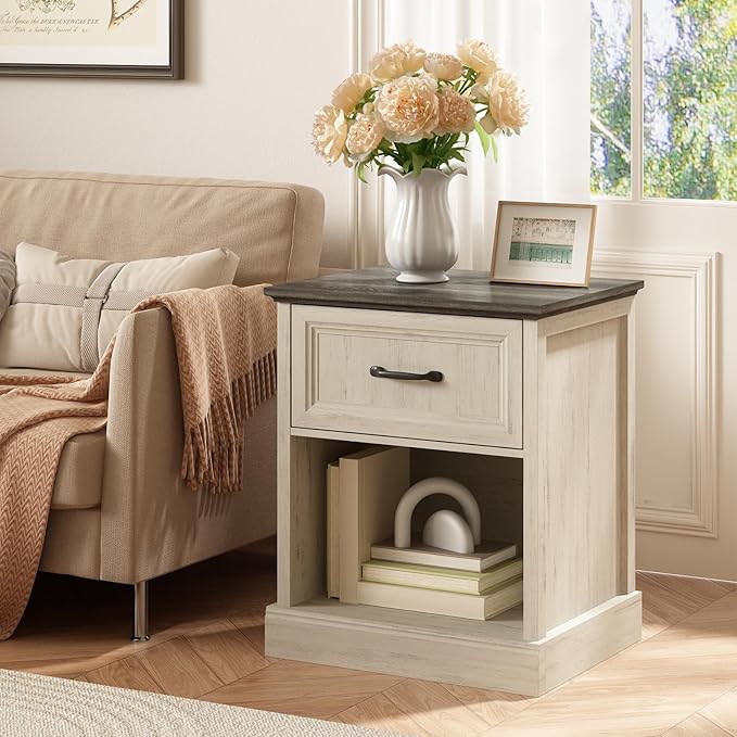 CARPETNAL 20" Farmhouse Nightstand Set of 2, End Table with Large Drawers & Open Storage, Side Table, Bedside Table for Bedroom, Living Room, White