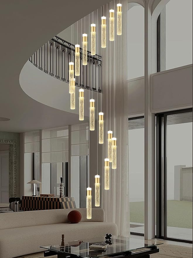 118inch Long Spiral Staircase Chandelier for High Ceilings Gold Crystal Bubble Column Chandeliers Large Foyer Ceiling Chandeliers (Led Dimmable 16 Light)