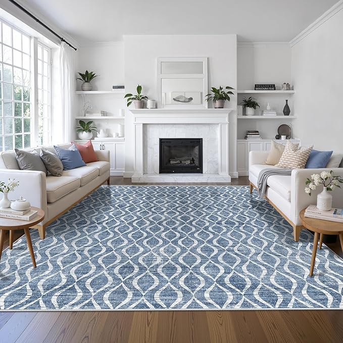WITSHOCK 10x12 Area Rugs for Bedroom: Washable Non-Slip Large Thin Indoor Rug for Living Room Dining Room, Soft Geometric Low Pile Boho Print Carpet for Nursery Playroom Decor, Blue