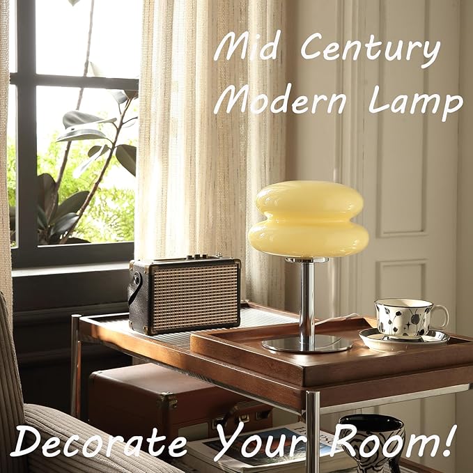 Mushroom Lamp for Bedroom,Mid Century Modern Lamp for Nightstand, Dimmable Retro Egg Tart Bedside Small Lamps,Unique Home Mushroom Decor Aesthetic Cute Table Lamps for Living Room(Cream)