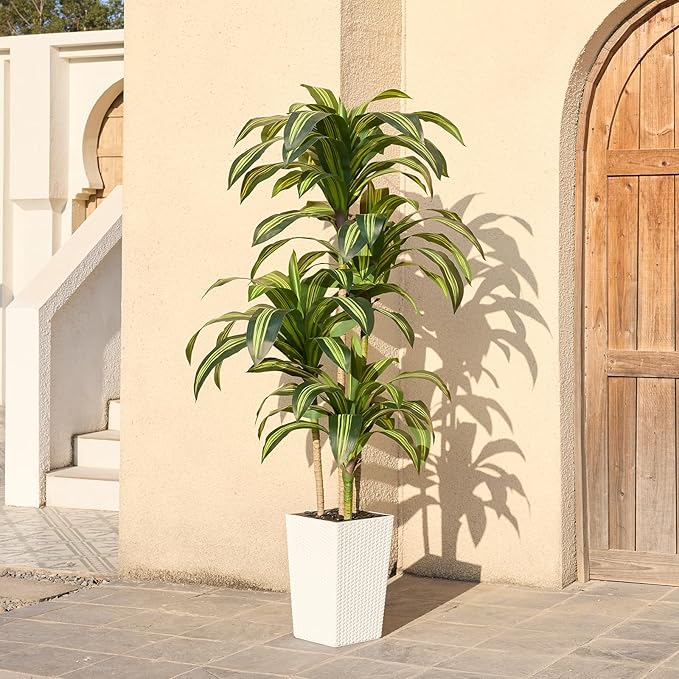 Artificial Dracaena Tree 6ft – UV Resistant Tall Fake Plant with Large Taper Planter & Pebbles– Large Potted Faux Tree for Indoor & Outdoor, Living Room, Office, Porch, Home Decor, VN127