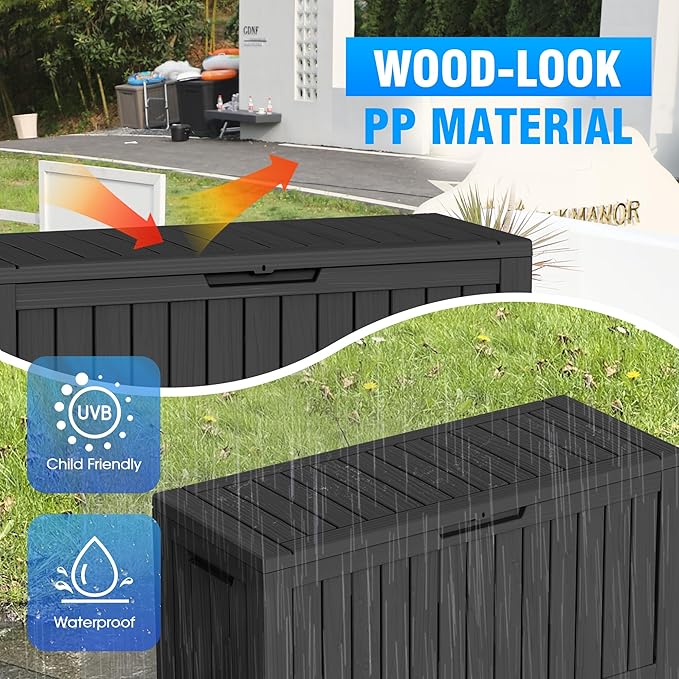ROJIK Outdoor Storage Housing Deck Box - Waterproof Patio Furniture, Garden Tools, Cushions, Pool Accessories Storage Bench with Lockable Lid and Side Handles (Black 88 Gal)