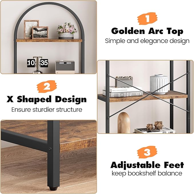 IDEALHOUSE Bookshelf 5 Tier Bookcase Arched Display Racks Tall Standing Bookshelves Metal Frame Modern Storage Rack Shelf Large Wood Book Shelf for Bedroom, Living Room, Home Office