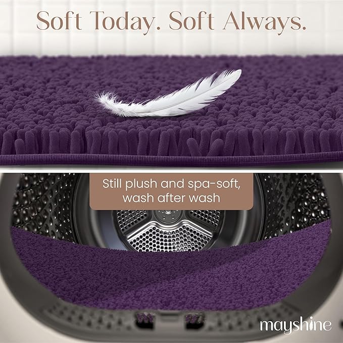 MAYSHINE Plush Shaggy Chenille Bath Mat | Extra Soft, Super Absorbent, Non-Slip Bathroom Rug | Fluffy Microfiber, Area Rug Sets for Bathroom Floor, Kitchen, Living Room | 59"x31" | Plum