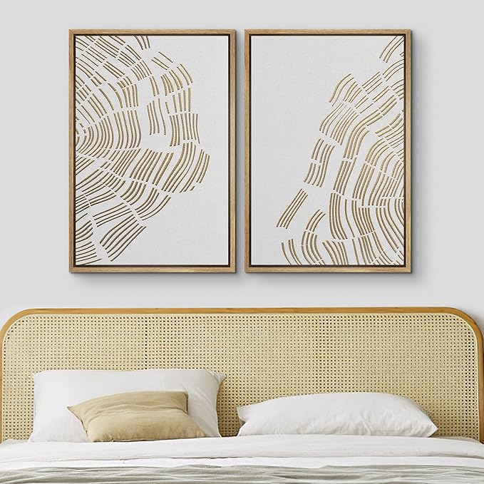MUDECOR Framed Canvas Print Wall Art Set Gold White Forest Tree Wood Rings Abstract Nature Illustrations Modern Art Decorative Contemporary Chic for Living Room, Bedroom, Office - 16"x24"x2 Natural