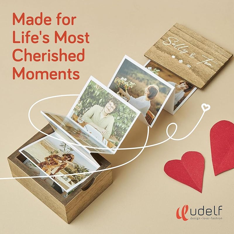 udelf Personalized Wooden Photo Box Gift with Accordion Picture Pull Out-Custom Gifts for Couples, Wedding Keepsake Box, Anniversary Box, Picture Box Gift with Couple Names-Holds 14 Photo Prints 3"x2"