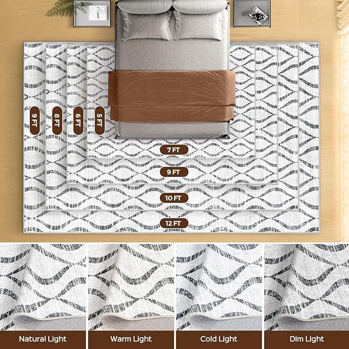 WITSHOCK 9x12 Area Rugs: Washable Non-Slip Geometric Boho Print Pattern Large Thin Indoor Rug for Living Room Bedroom Under Dining Table, Carpet for Nursery Playroom Decor, Kid & Pet Friendly, Grey
