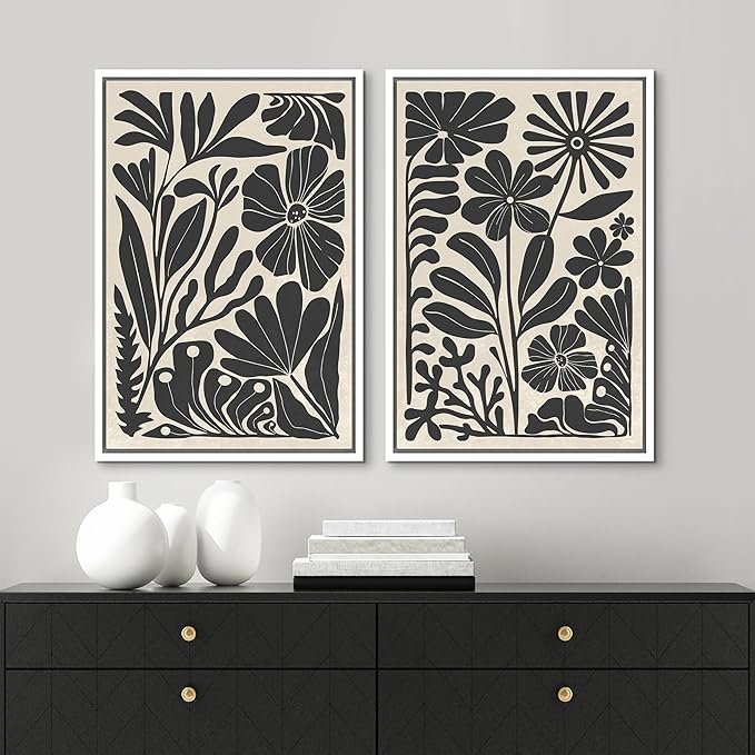 MUDECOR Framed Canvas Wall Art Abstract Floral Botanical Prints Minimalist Modern Art Boho Wall Decor for Bedroom - 24"x36"x2 White