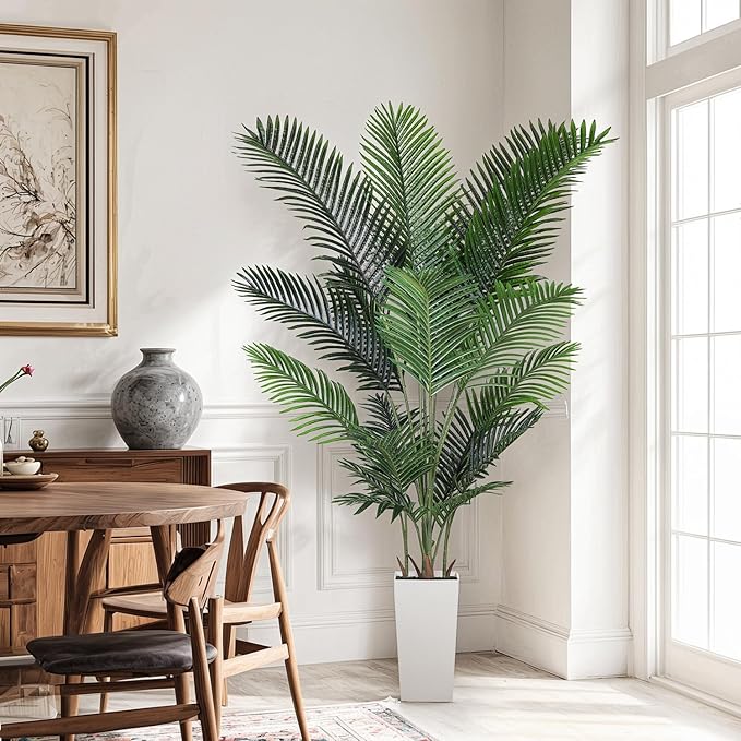 Artificial Areca Palm Tree 7FT Fake Potted Plant Faux Silk Tropical Areca Palm Real Bark Design, Large Artificial Plant in Tall White Pot for Home Living Room House Warming Floor Decor