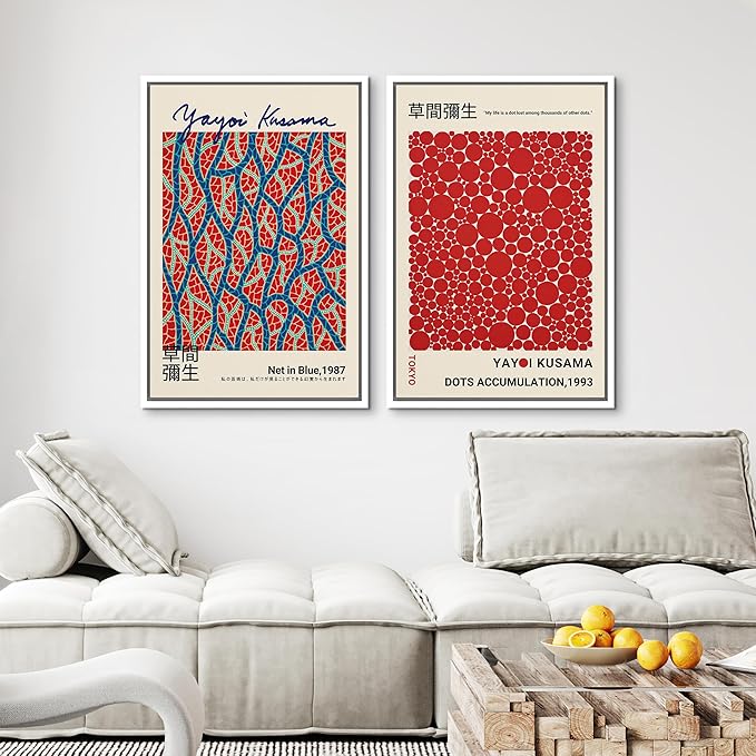MUDECOR Framed Canvas Print Wall Art Blue Red Dots by Yayoi Kusama Japanese Nature Illustration Modern Art Decorative Multicolor Geometric Minimal for Bedroom - 24"x36"x2 White