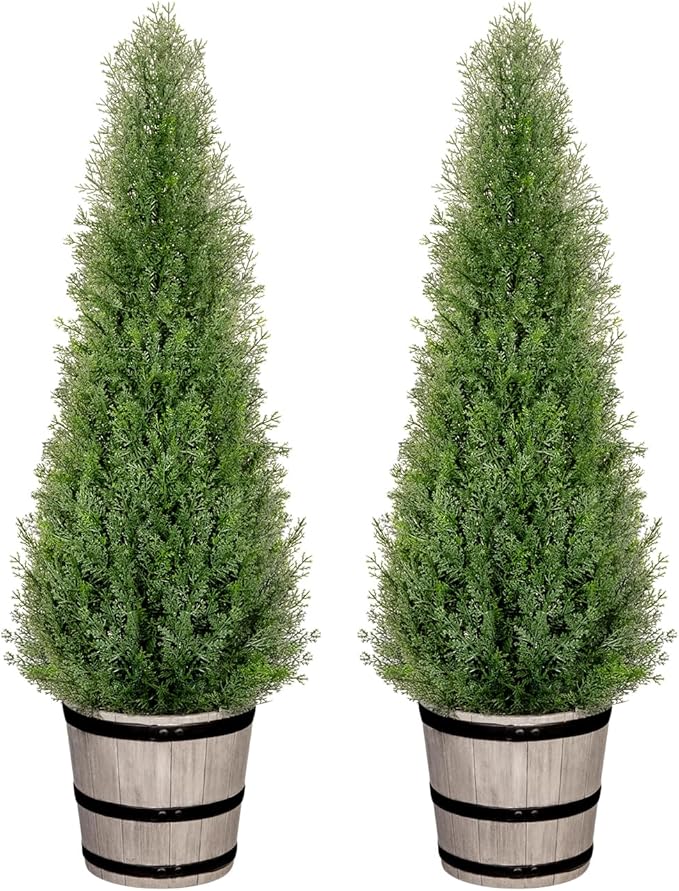 3FT Artificial Cedar Topiary Trees with Rustic Barrel Planter, Outdoor Indoor Realistic Faux Pine Shrubs Plants, Fake Cypress Trees for Home Offices Porch Decor, Set of 2