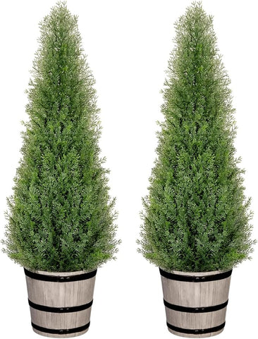 3FT Artificial Cedar Topiary Trees with Rustic Barrel Planter, Outdoor Indoor Realistic Faux Pine Shrubs Plants, Fake Cypress Trees for Home Offices Porch Decor, Set of 2