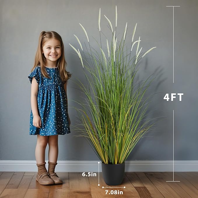 KOL 4ft 2-Pack Artificial Cattail Reed Grass, 47.2’’ Artificial Indoor Outdoor Fake Onion Grass Plant, Home Office Wedding Decorative Potted Plant, Faux Floor Greenery, Housewarming Gift, White