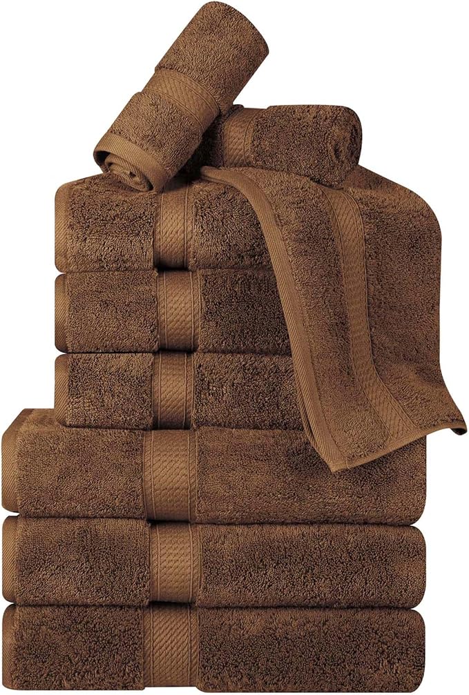 BNM Egyptian Cotton Heavyweight Towels, Ideal For Bathroom, Shower, Spa, Hotel, 800 GSM, Face/ Washcloths, Hand Towels, Bath Towels, Absorbent, Luxury Basics, 9 Piece Towel Set, Chocolate Dark Brown