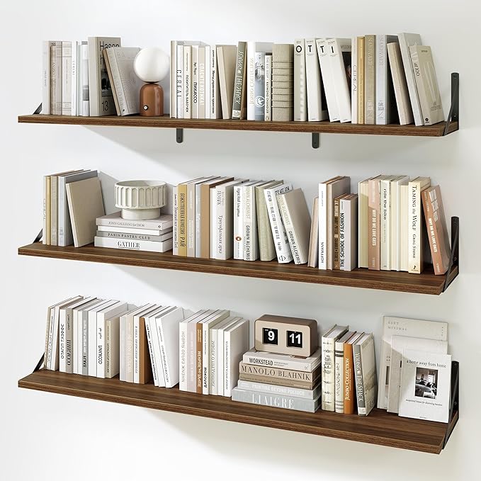 Fun Memories Extra Long Floating Wall Shelves, 48 x 8 Inches, Set of 3 Large Wood Floating Bookshelves with Metal Brackets for Storage & Display (Walnut)