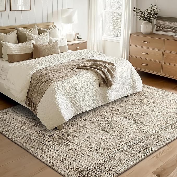MIULEE 5x7 Vintage Living Room Rug Washable Area Rugs Low Pile Floor Mat for Bedroom Dining Room Non-Slip Stain Resistant Soft Indoor Carpet for Home Decor, Brown