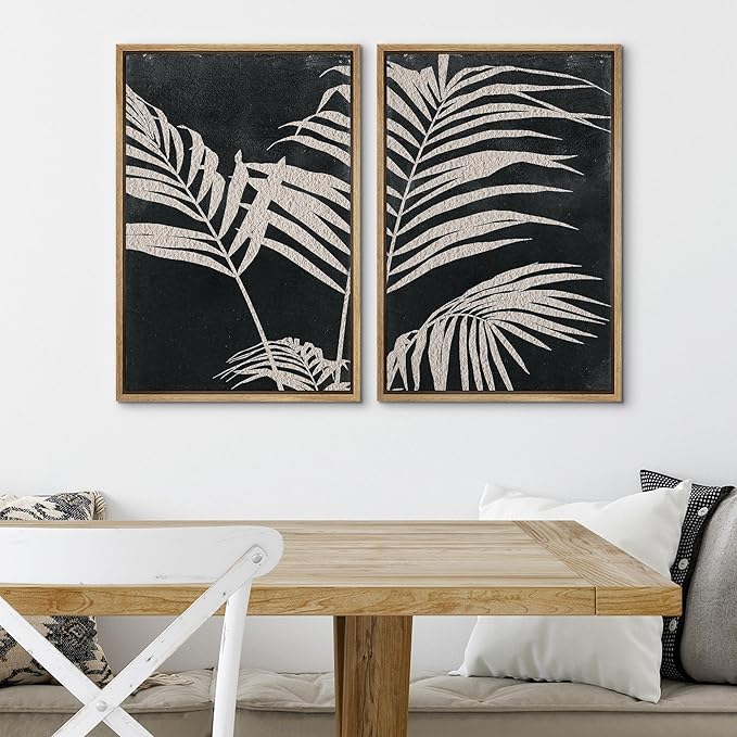 SIGNWIN Framed Canvas Print Wall Art Palm Leaf Print, Minimalist Wall Art, Black White Wall Art Prints for Living Room, Bedroom, Office - 24"x36"x2 Natural
